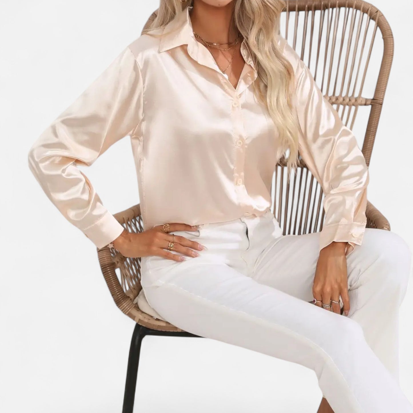 Rivrier l Women’s Satin V‑Neck Blouse – Effortless Polished Sophistication