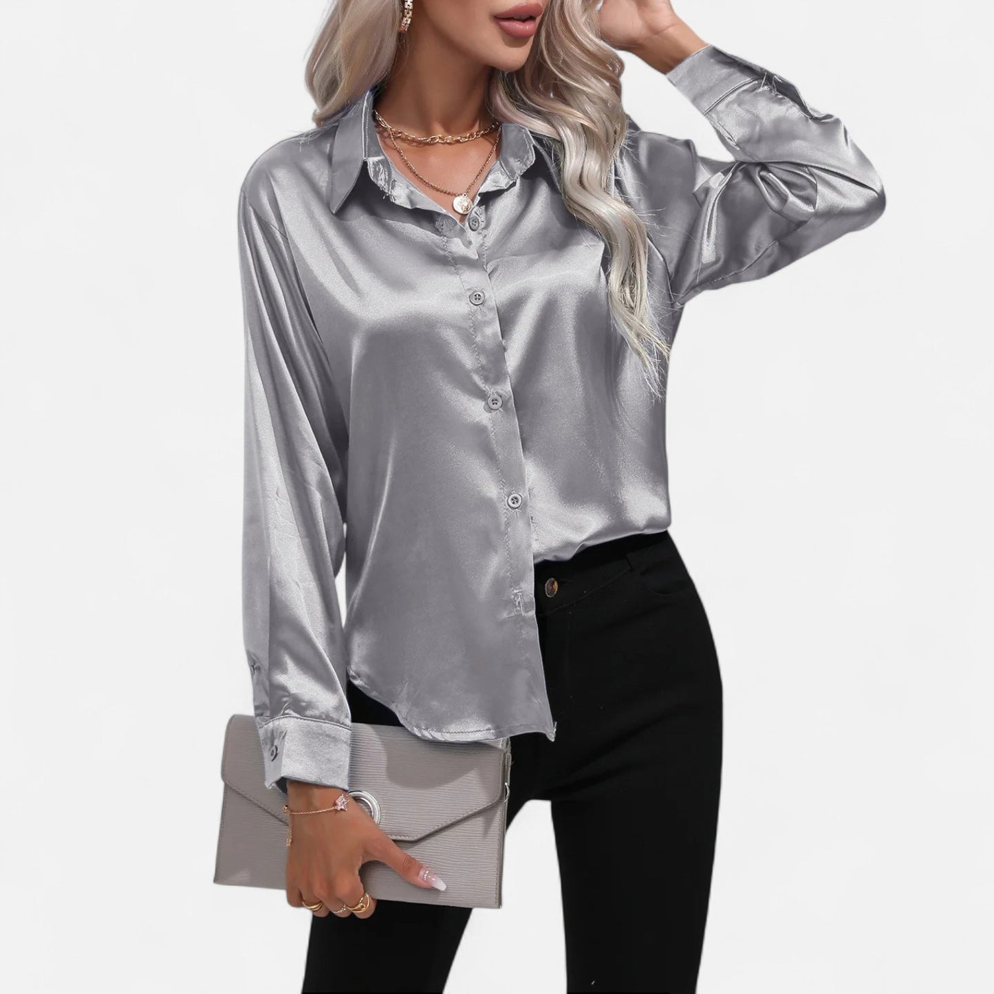  Rivrier l Women’s Satin V‑Neck Blouse – Effortless Polished Sophistication