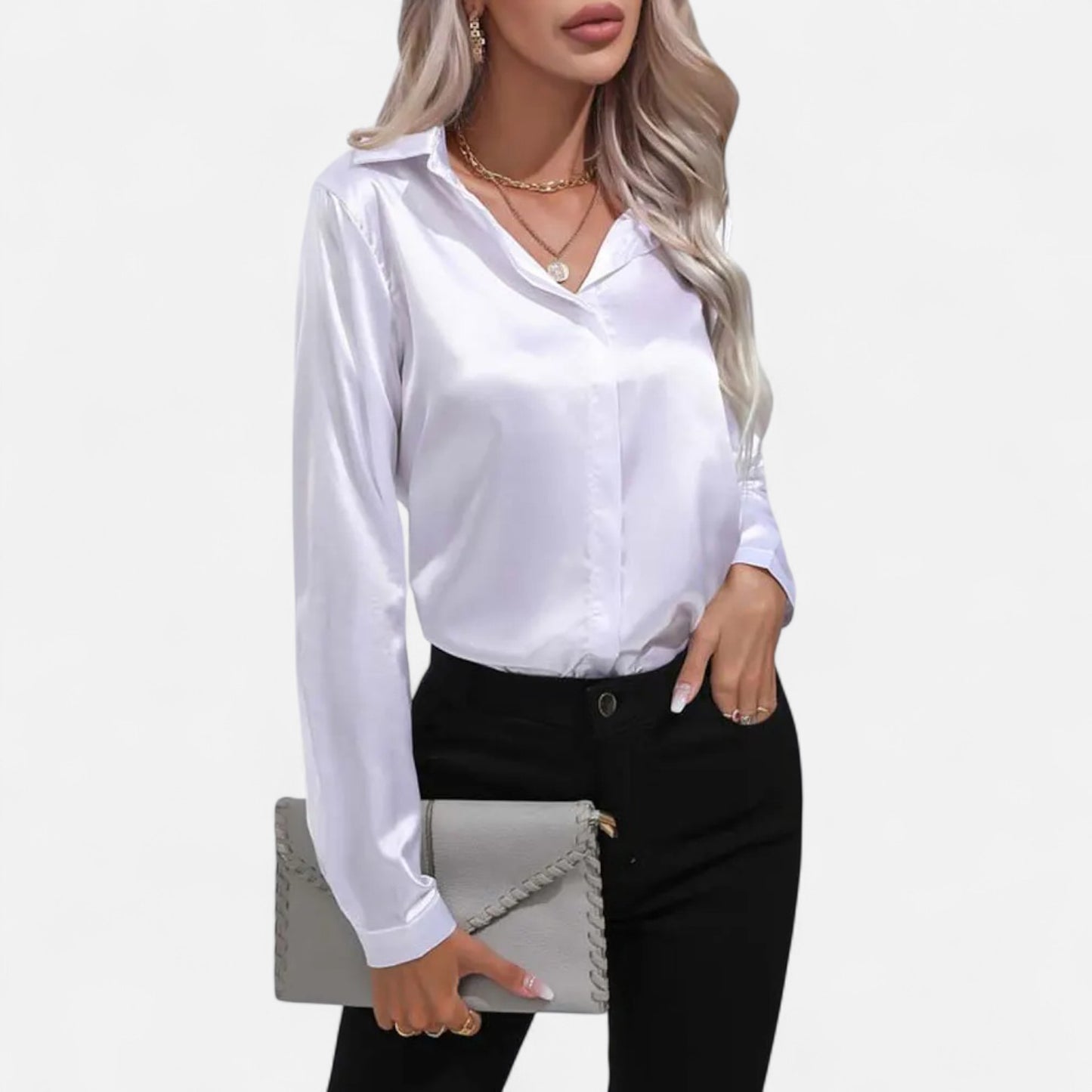  Rivrier l Women’s Satin V‑Neck Blouse – Effortless Polished Sophistication